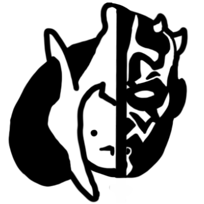 a black-and-white illustration that on the left shows Queen Amidala's face and on the right shows Darth Maul's.